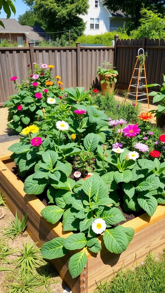 A vibrant raised bed garden filled with colorful flowers and lush green leaves.