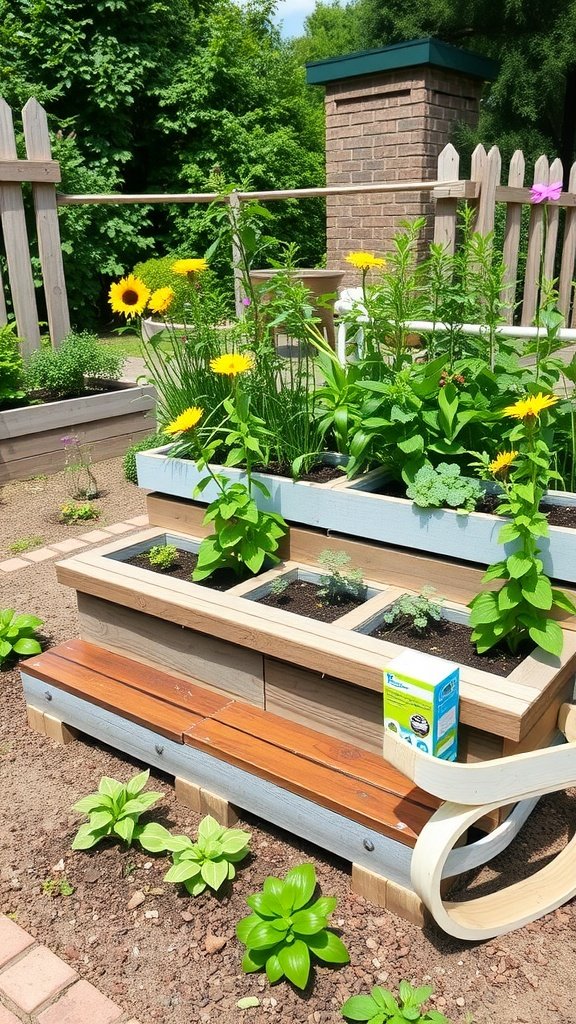 A raised planter box with seating, filled with colorful flowers and herbs.
