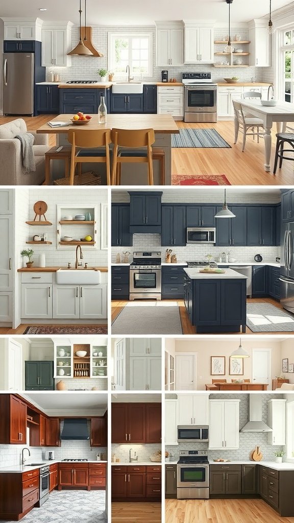 Collage of kitchens showcasing various two-tone cabinet color combinations.