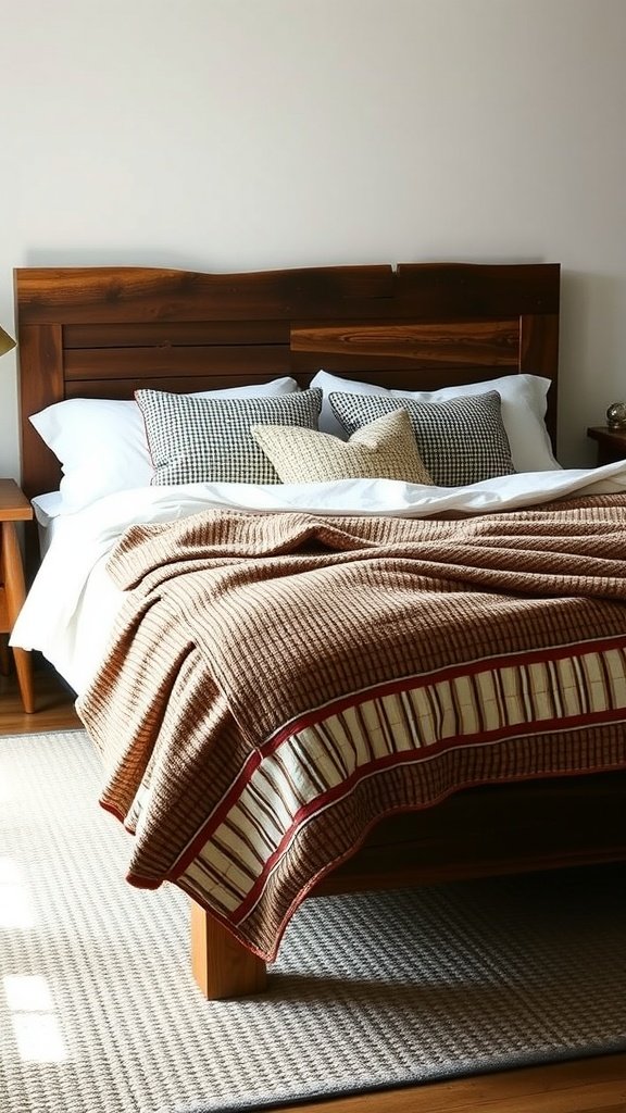 A rustic bedroom with a reclaimed wood bed frame, featuring cozy bedding and pillows.