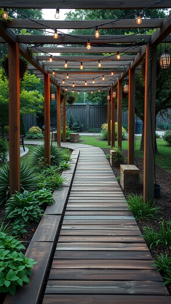 A beautiful reclaimed wood walkway surrounded by greenery, lit with string lights.
