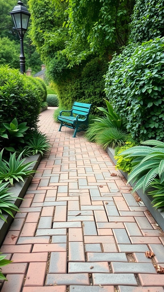 A scenic walkway made of recycled bricks, lined with lush greenery and a blue bench.