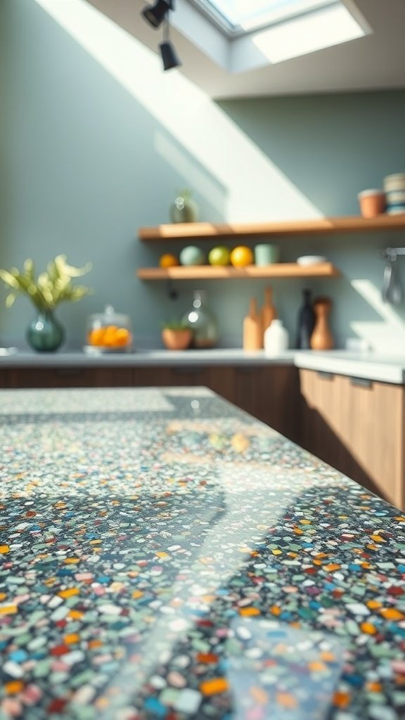 A close-up view of a colorful recycled glass kitchen countertop with natural wood shelves in the background.
