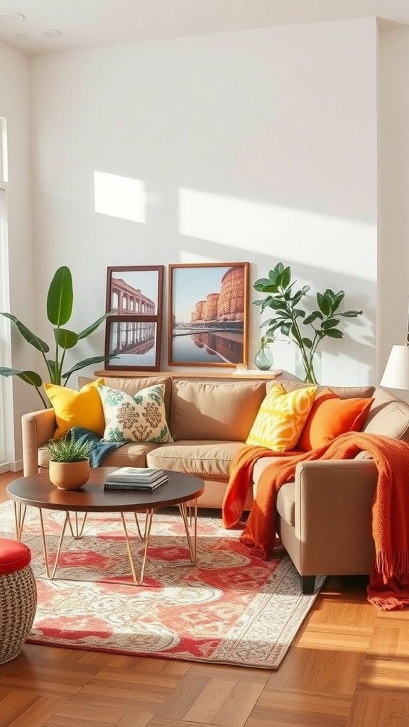 A cozy living room featuring a green sofa, colorful pillows, and a stylish rug.