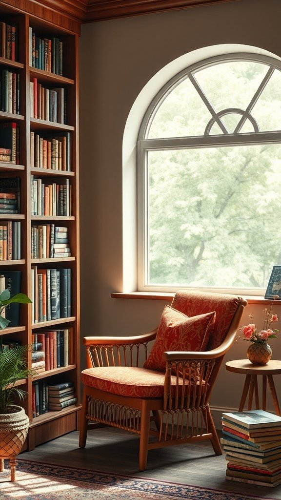 Cozy reading nook with a chair, bookshelf, and window