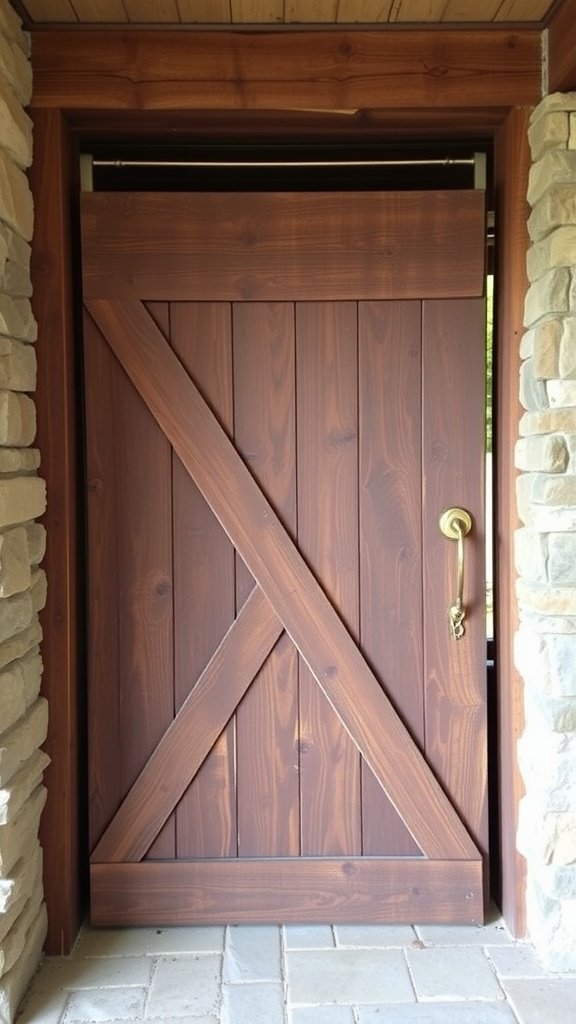 A rustic barn door entrance made of wood, featuring black handles and mounted on a stone wall.
