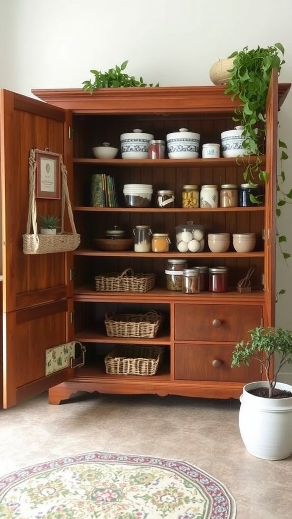 A wooden cabinet repurposed into a pantry with shelves filled with jars, baskets, and plants.