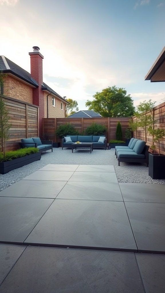 A stylish patio with resin bound gravel and modern seating.