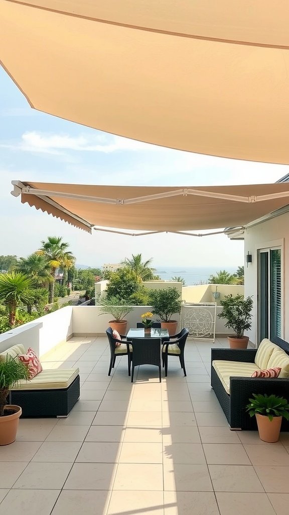 A stylish patio with retractable canopies providing shade and a cozy seating area.