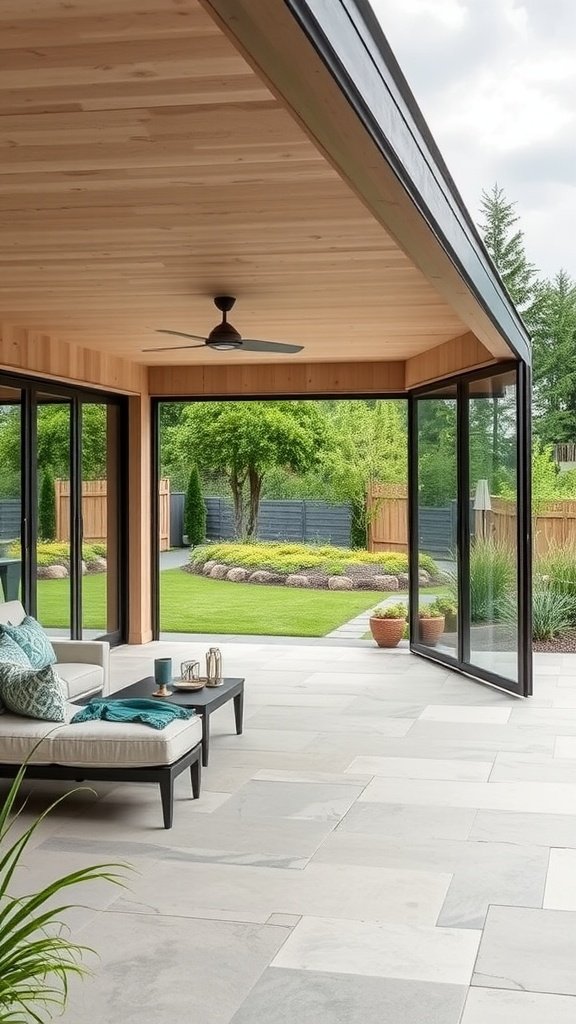 Modern patio with retractable glass panels, offering a view of a landscaped garden.