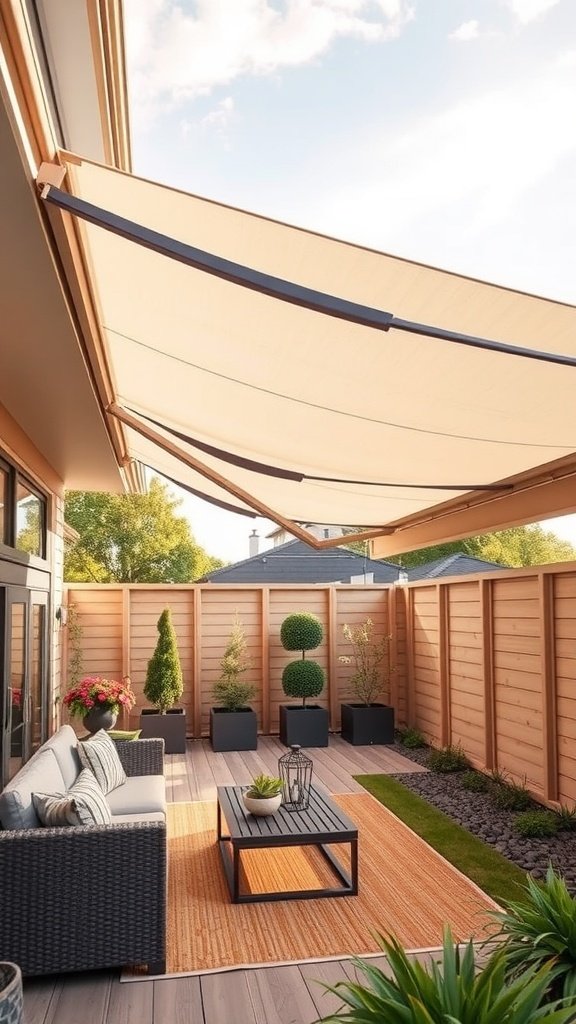 A modern patio with retractable awning over a seating area, showcasing plants and outdoor furniture.