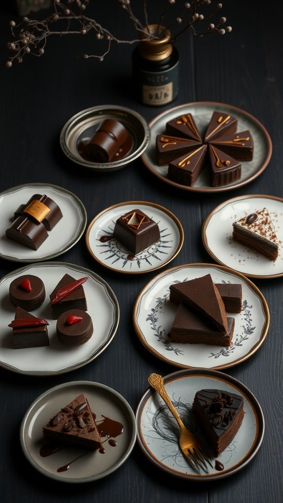 An assortment of rich chocolate desserts on elegant plates, showcasing a dark and moody kitchen setting.