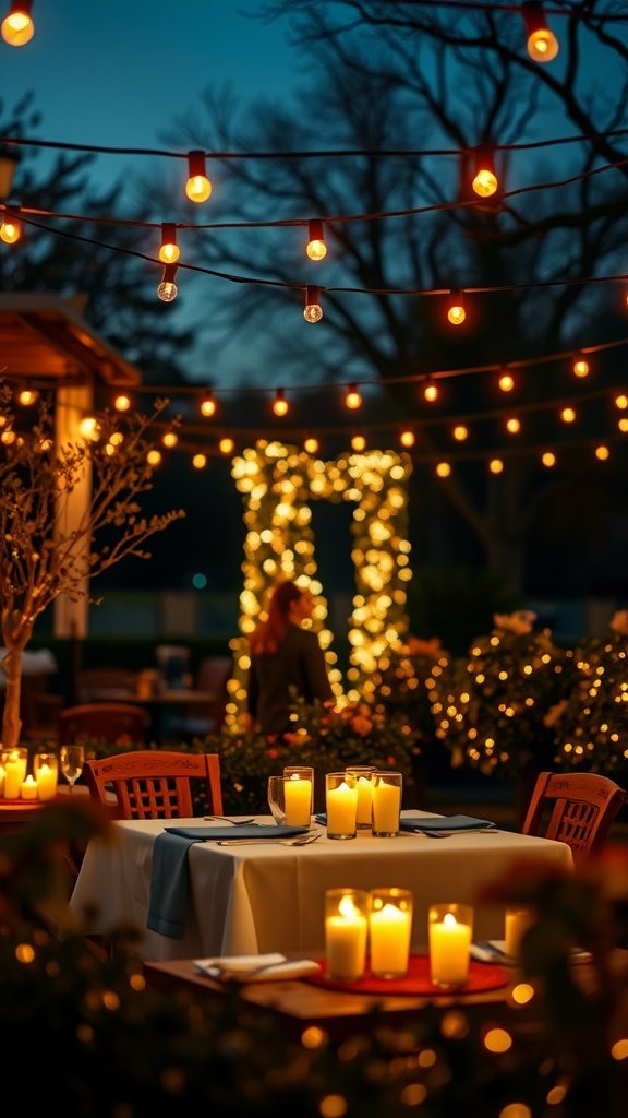 A romantic outdoor dining space with candles and string lights.