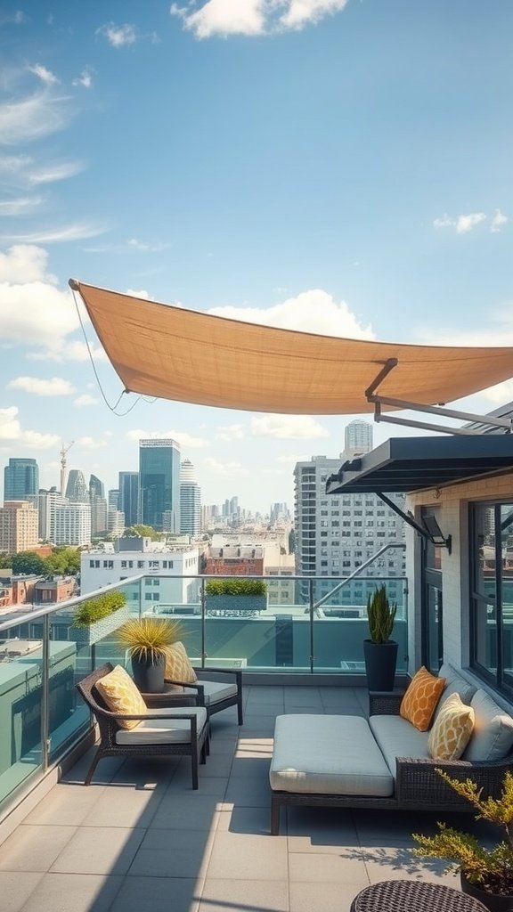 Rooftop patio with awning, lounge chairs, and city skyline view.