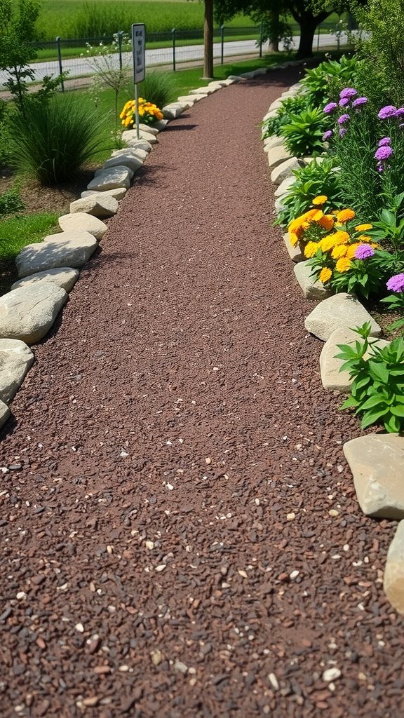 A rubber mulch walkway bordered by stones and colorful flowers
