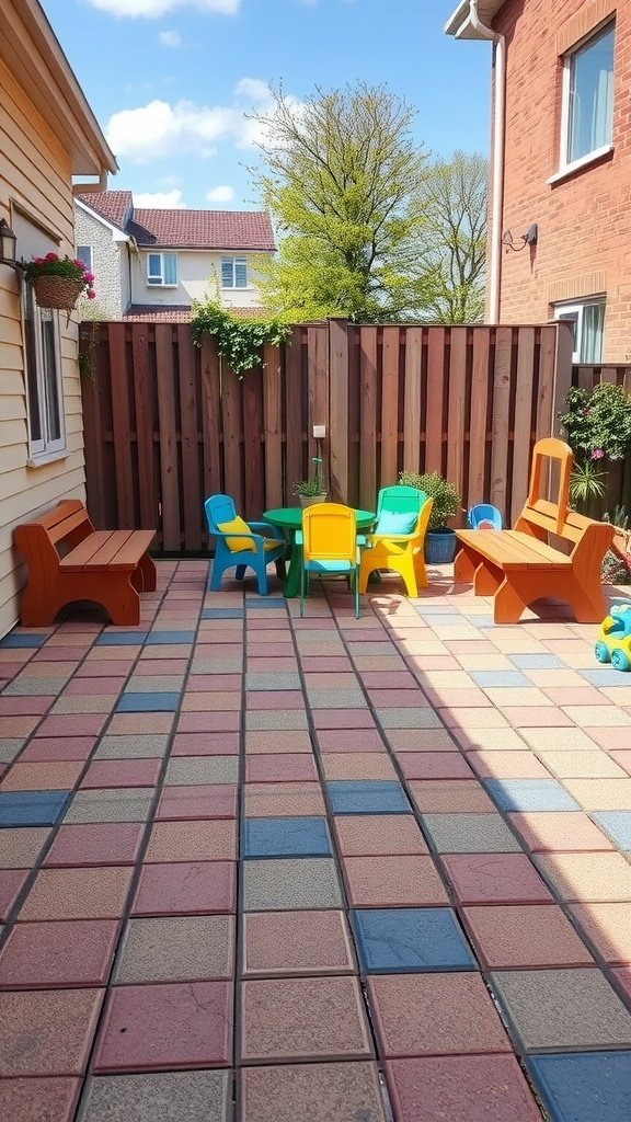 A colorful patio featuring rubber pavers and outdoor furniture.