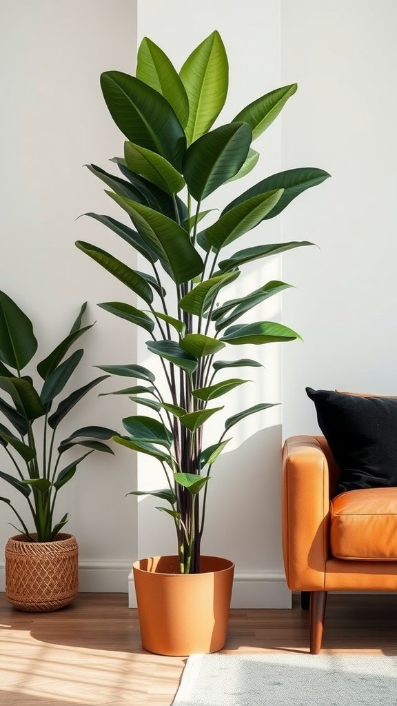 A Rubber Plant in a modern living room setup with a brown couch and a smaller plant in the background.