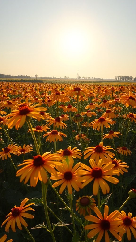 Field of bright yellow Rudbeckia flowers under a sunny sky.