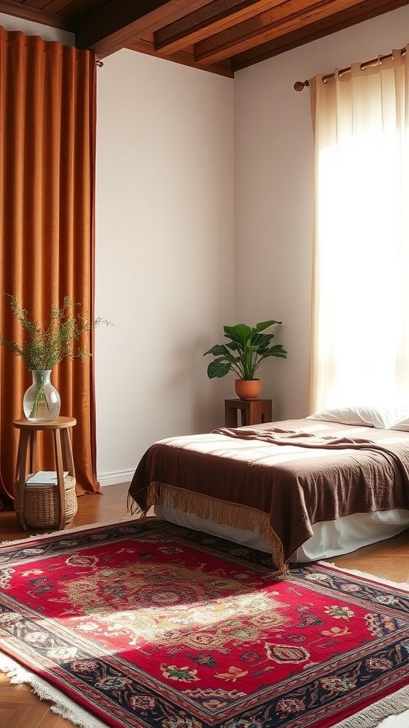 A cozy Indian bedroom with a vibrant rug, warm curtains, and a plant.