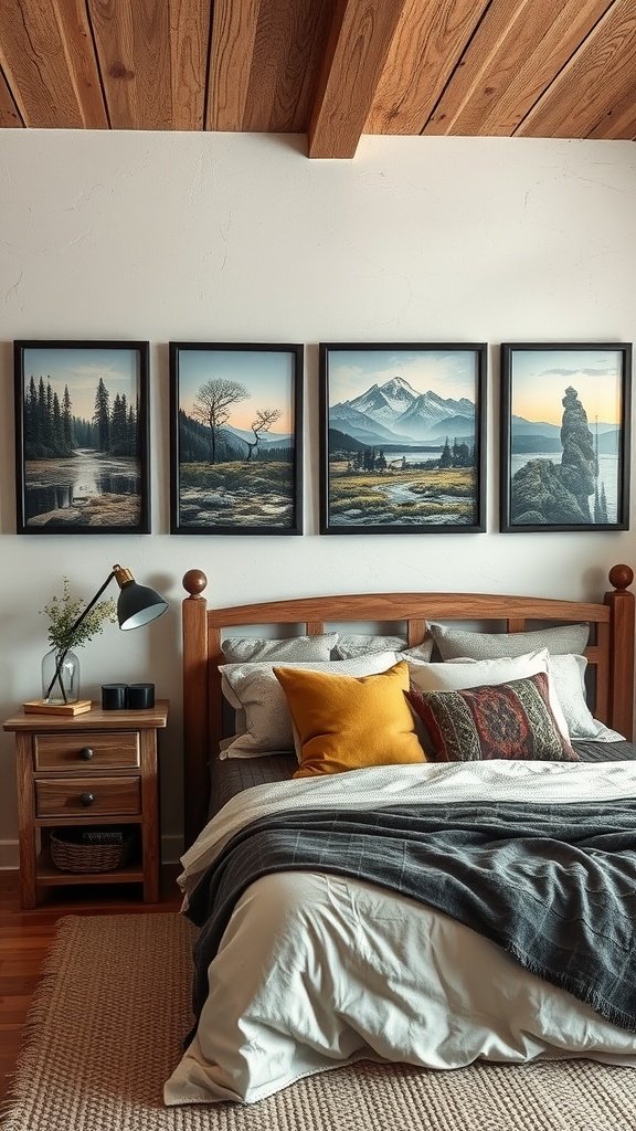 Rustic bedroom showcasing nature-themed artwork above a wooden bed with cozy bedding.