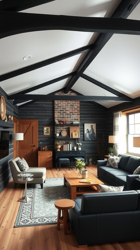 A rustic black wood living room featuring black beams and warm wooden furniture.