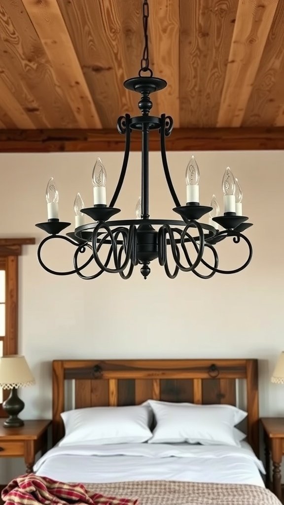 A rustic chandelier hanging over a bed in a western-themed bedroom.