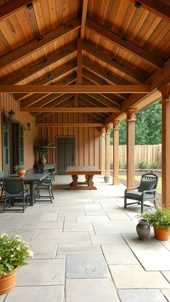 Patio with a barn-style roof featuring a wooden structure and stylish outdoor furniture.