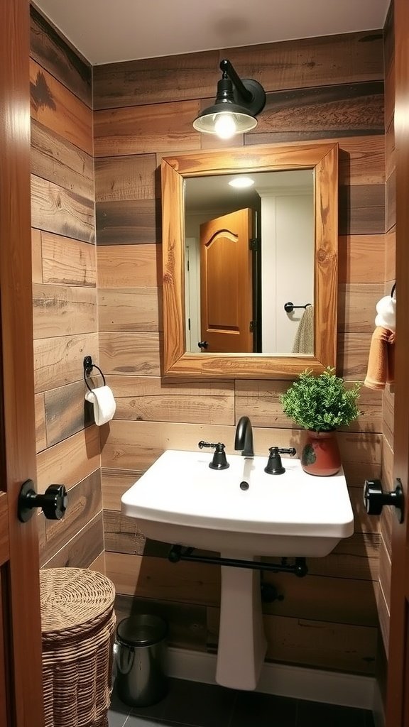 A rustic half bathroom featuring wooden walls, a simple sink, and farmhouse decor.