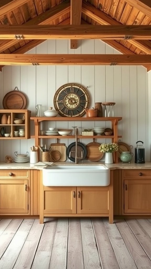 Rustic farmhouse kitchen design with wooden cabinets and vintage decor.