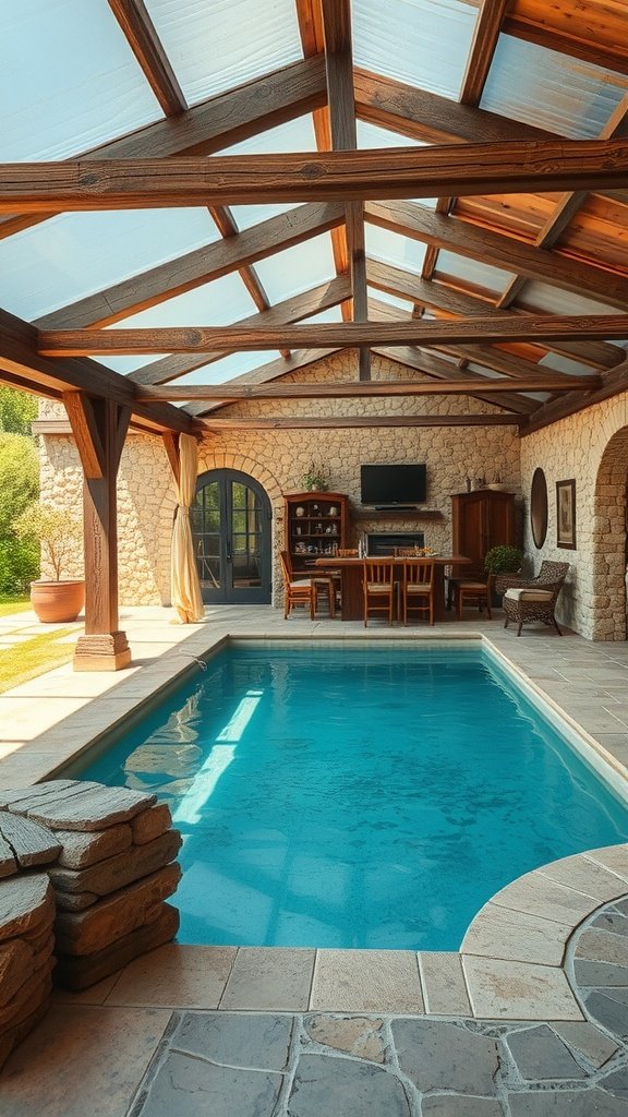 A rustic farmhouse pool area with a stone pool, wooden beams, and a cozy seating area.