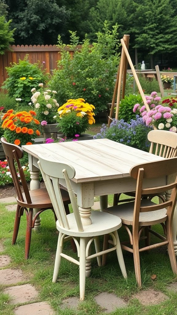 A rustic farmhouse table with mismatched chairs surrounded by colorful flowers in a garden.