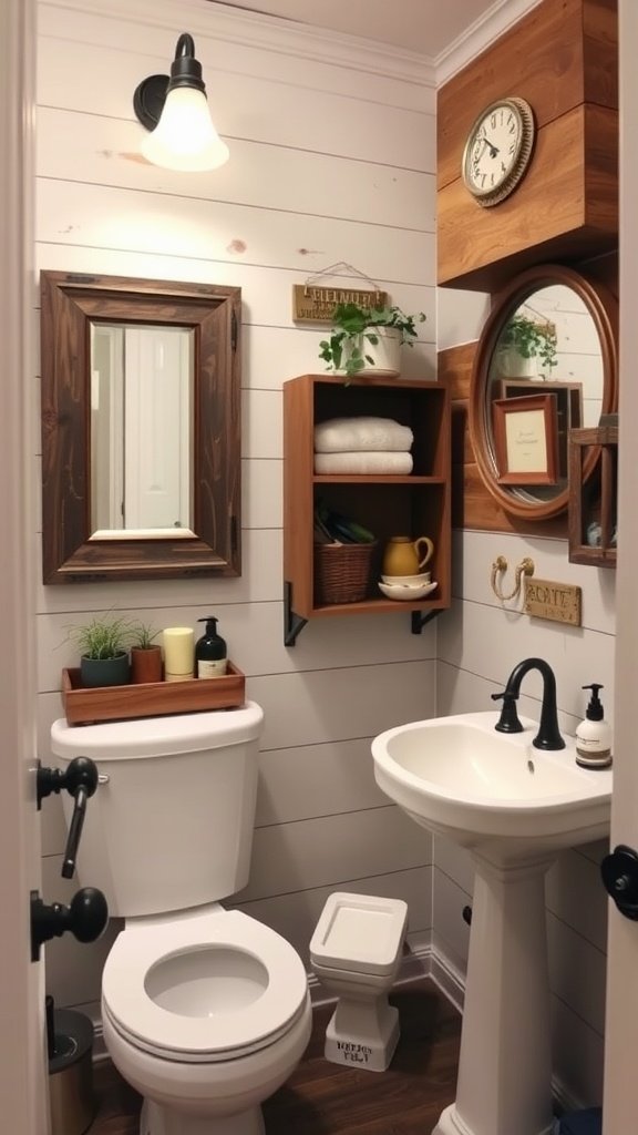 A cozy rustic farmhouse half bathroom with wood accents and soft decor.