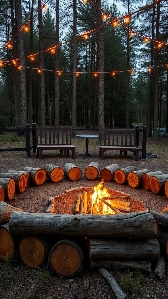 Rustic fire pit seating area surrounded by trees and string lights.