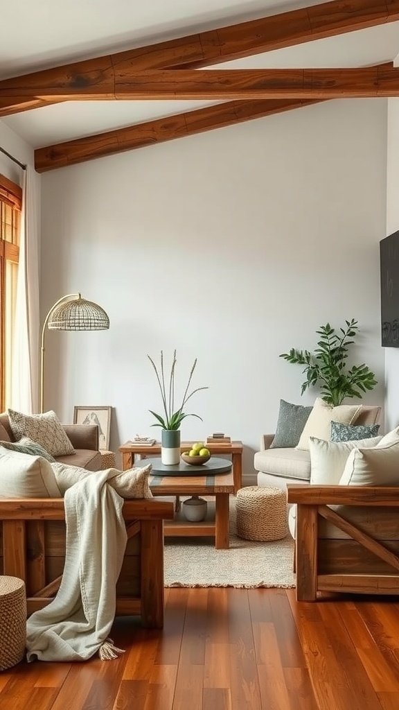A rustic living room featuring wooden furniture, a cozy couch, and soft textiles.