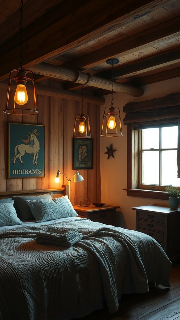 Rustic bedroom with warm lighting fixtures and wooden elements.