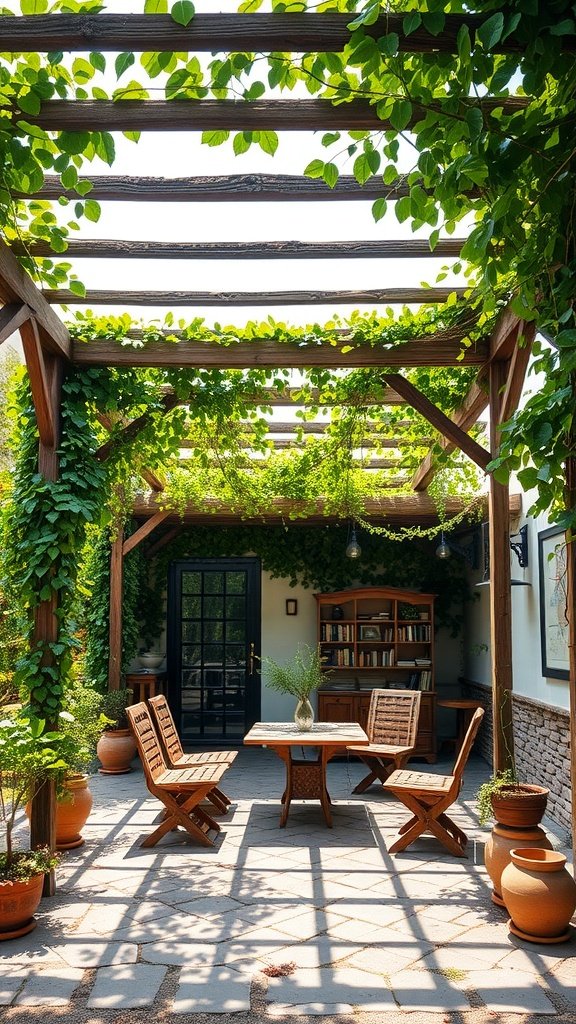 Rustic pergola adorned with climbing vines, featuring a cozy seating area and a small wooden table.