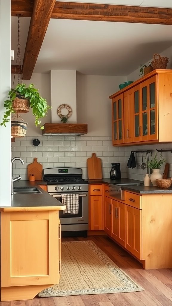 A cozy kitchen featuring rustic cabinets, with tan lower cabinets and white upper cabinets.