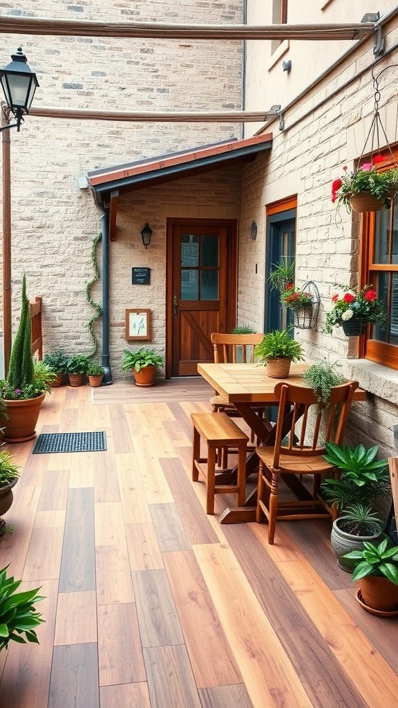A cozy patio featuring rustic wood-look tiles, with potted plants and a wooden table.