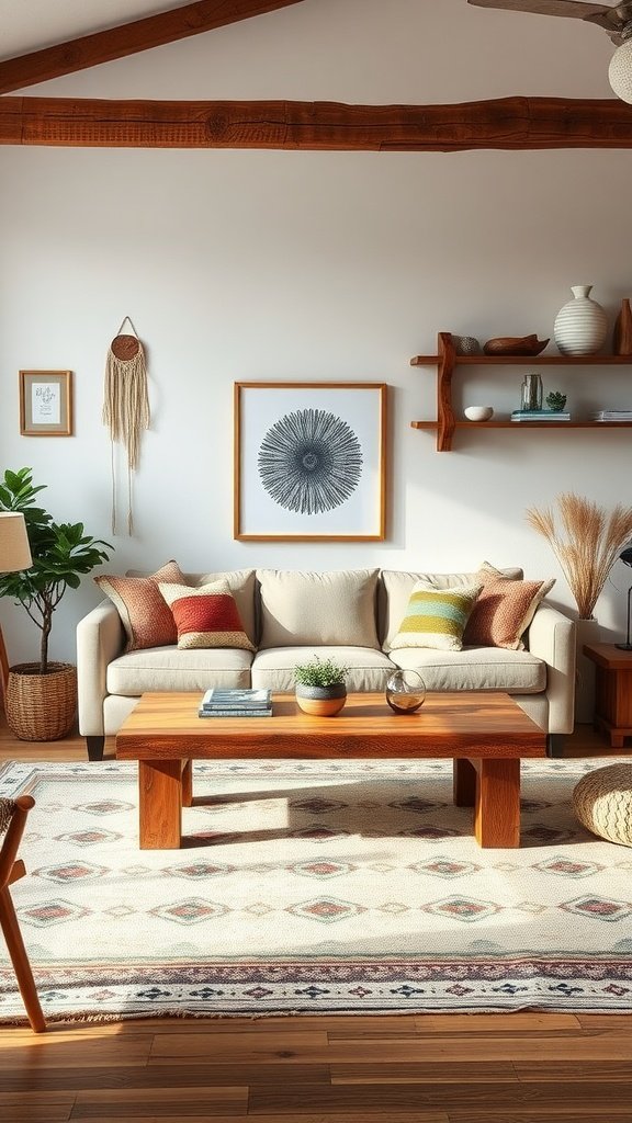 A cozy living room featuring rustic wood accents, colorful cushions, and a warm atmosphere.