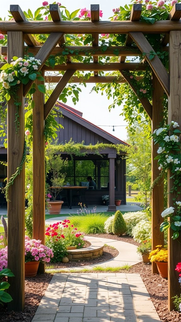 A rustic wooden arbor covered with flowers in a vibrant garden setting.