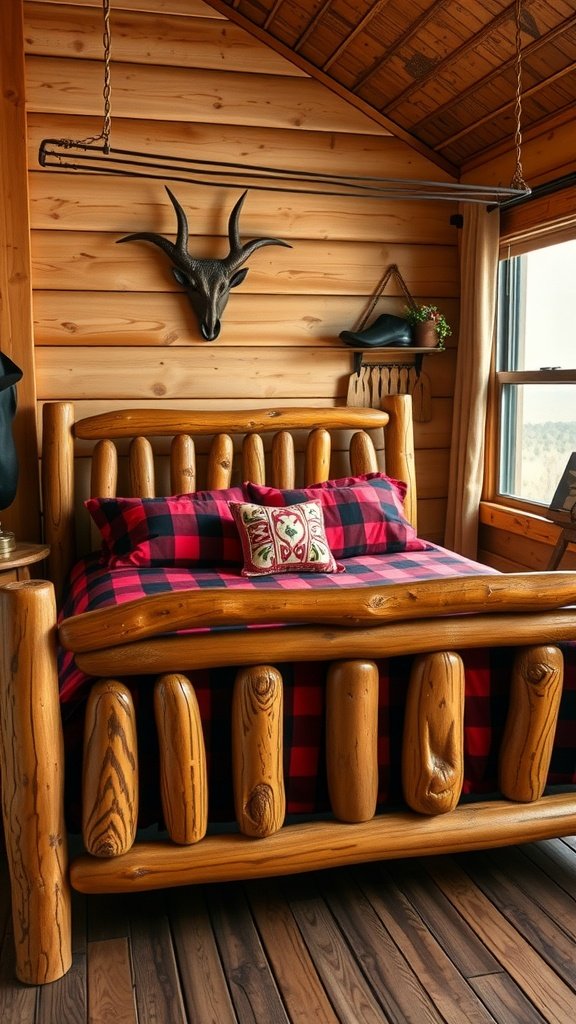 A rustic wooden bed frame with a plaid blanket in a cozy western-themed bedroom.