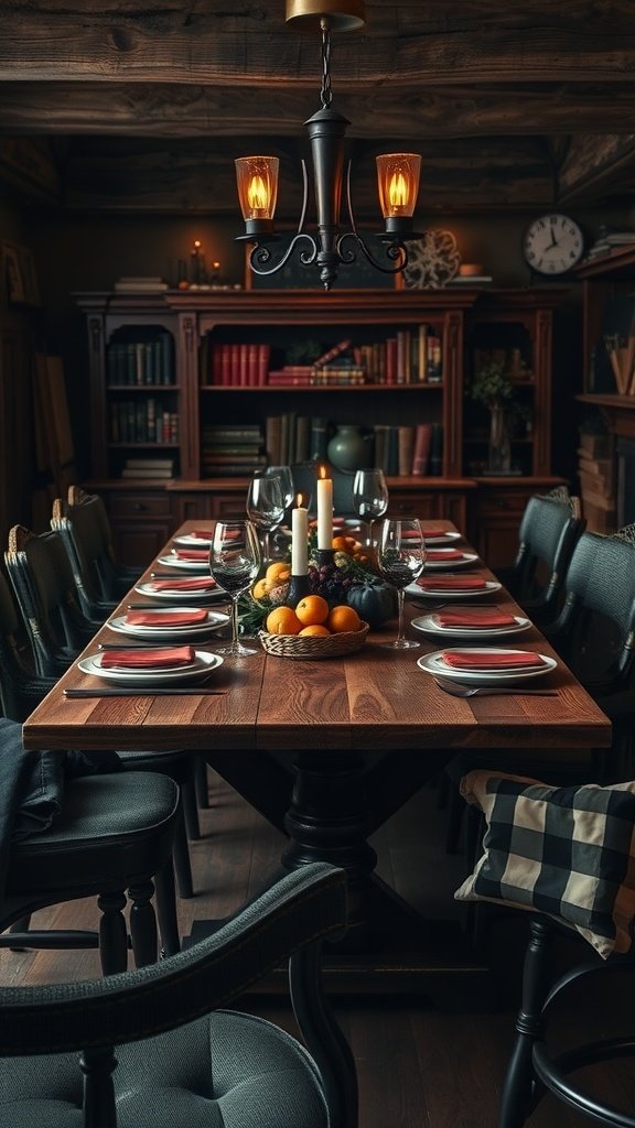 Rustic wooden dining table set with plates and glasses, surrounded by chairs in a dark academia themed kitchen.