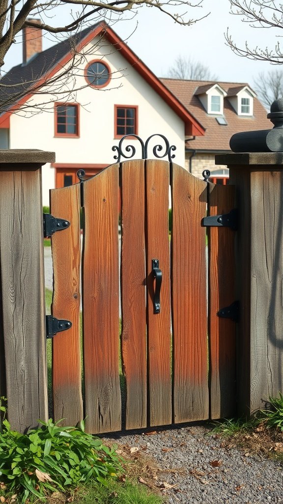 A rustic wooden gate with wrought iron accents in front of a farmhouse.