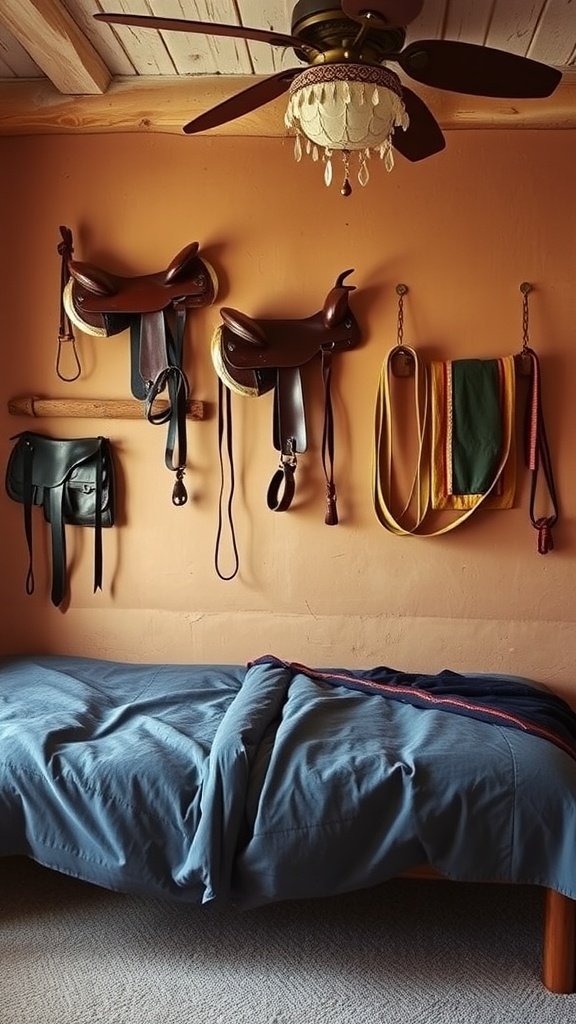 Saddle and bridle displayed on the wall in a western-themed bedroom.