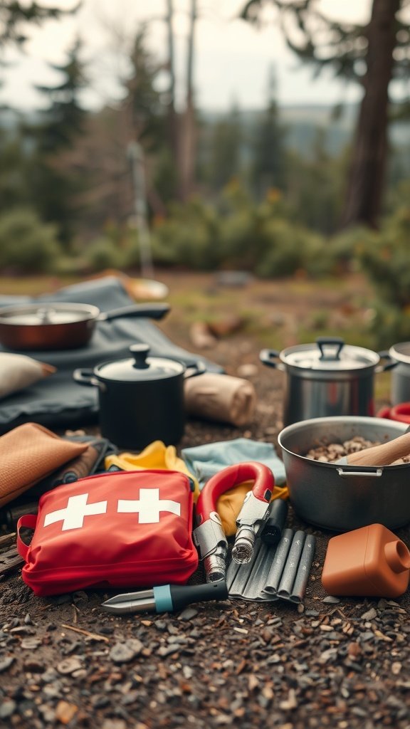 A camping kitchen setup with pots, tools, and a first aid kit on the ground surrounded by trees.