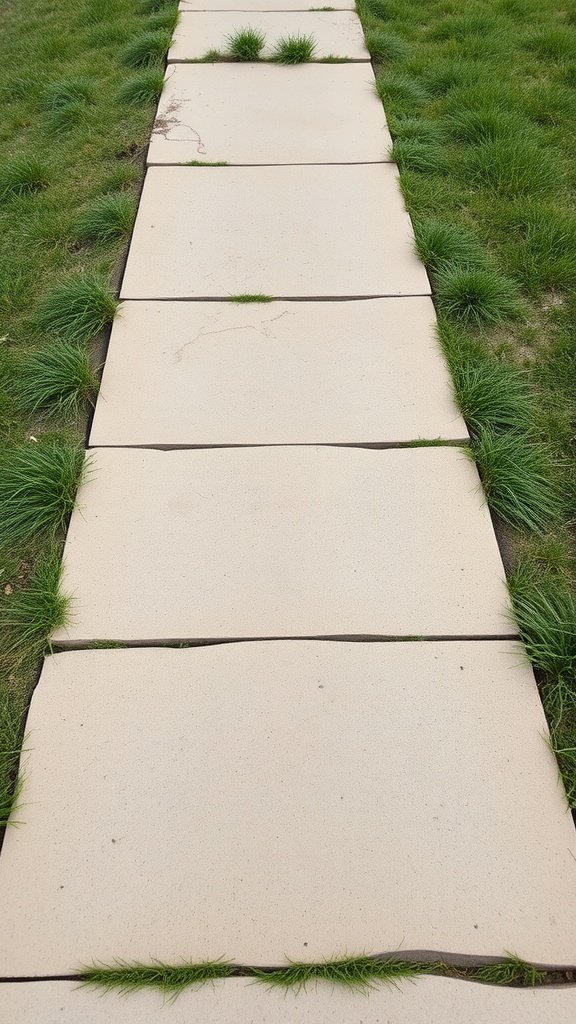 A pathway made of sandstone slabs surrounded by grass.