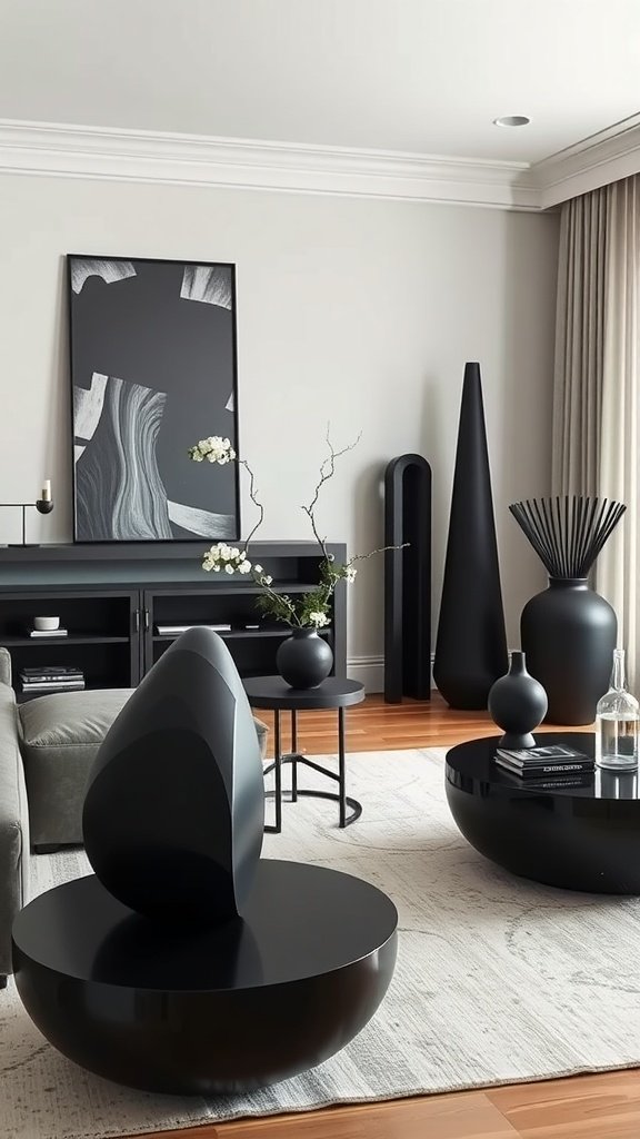 Stylish black decor pieces in a modern living room setting