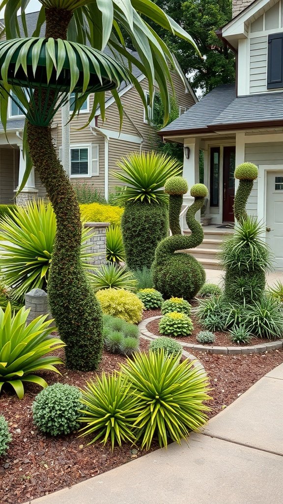 A modern front yard showcasing unique sculptural plant arrangements with various green plants and shrubs.