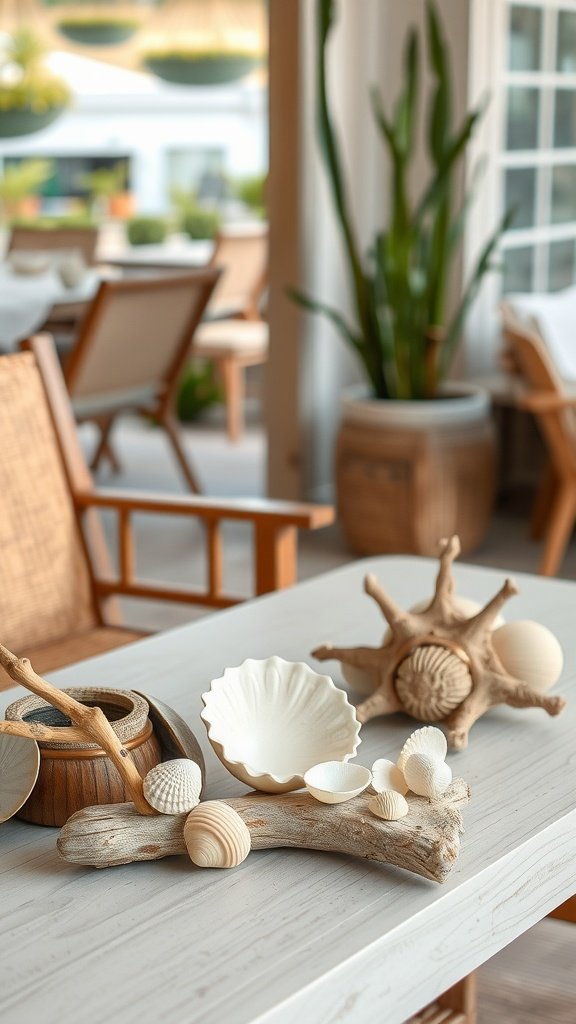 A table adorned with seashells and driftwood accents in a cozy outdoor setting.
