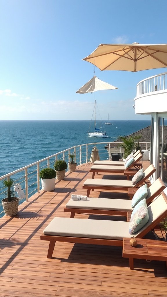 A seaside deck with lounge chairs and ocean view.